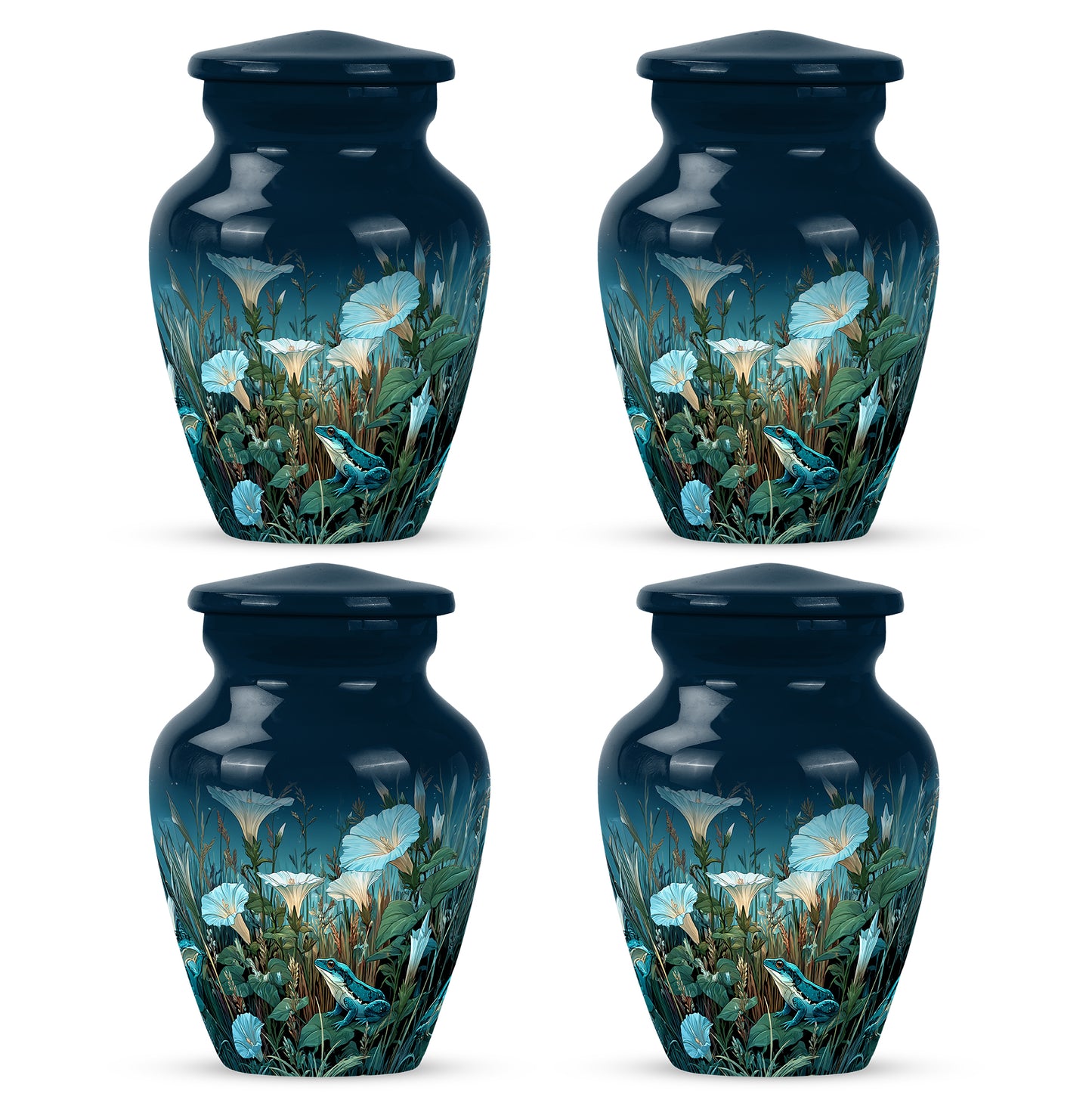 Navy Blue Frog Cremation Urn side profile showing urn shape - timeless frog motif etched into premium metal - 10 inch aluminum urn for cremated remains