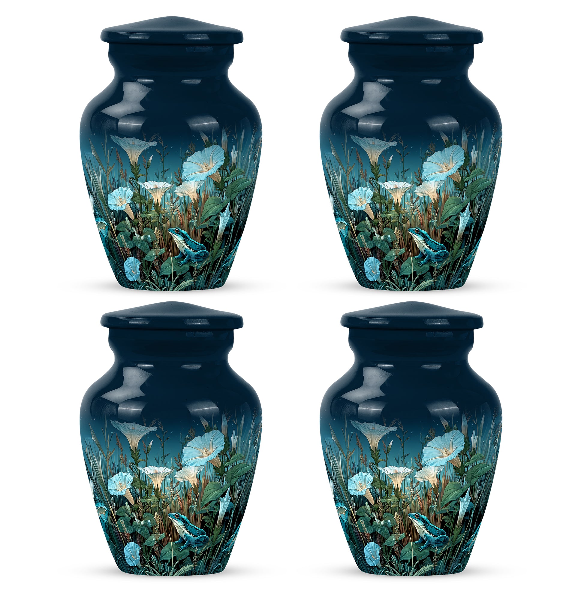 Navy Blue Frog Cremation Urn side profile showing urn shape - timeless frog motif etched into premium metal - 10 inch aluminum urn for cremated remains
