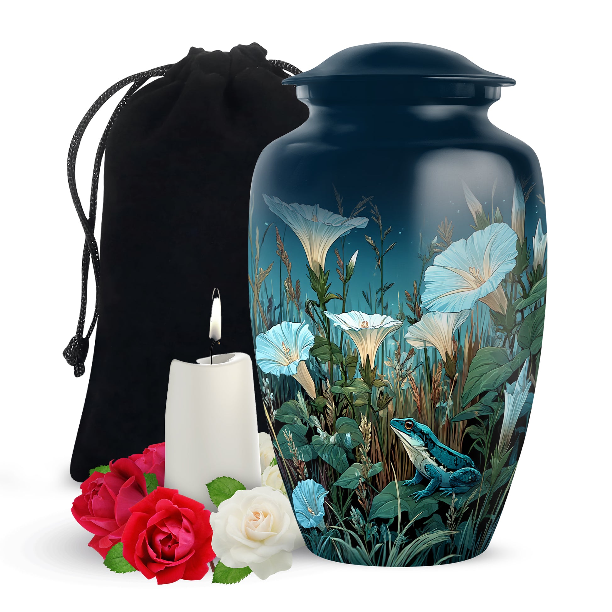 Vivid Blue Frog Cremation Urn angled view of lid and engraved motif - traditional frog engraving with hand-polished finish - full-size 10 inch 200 cubic inch adult cremation urn