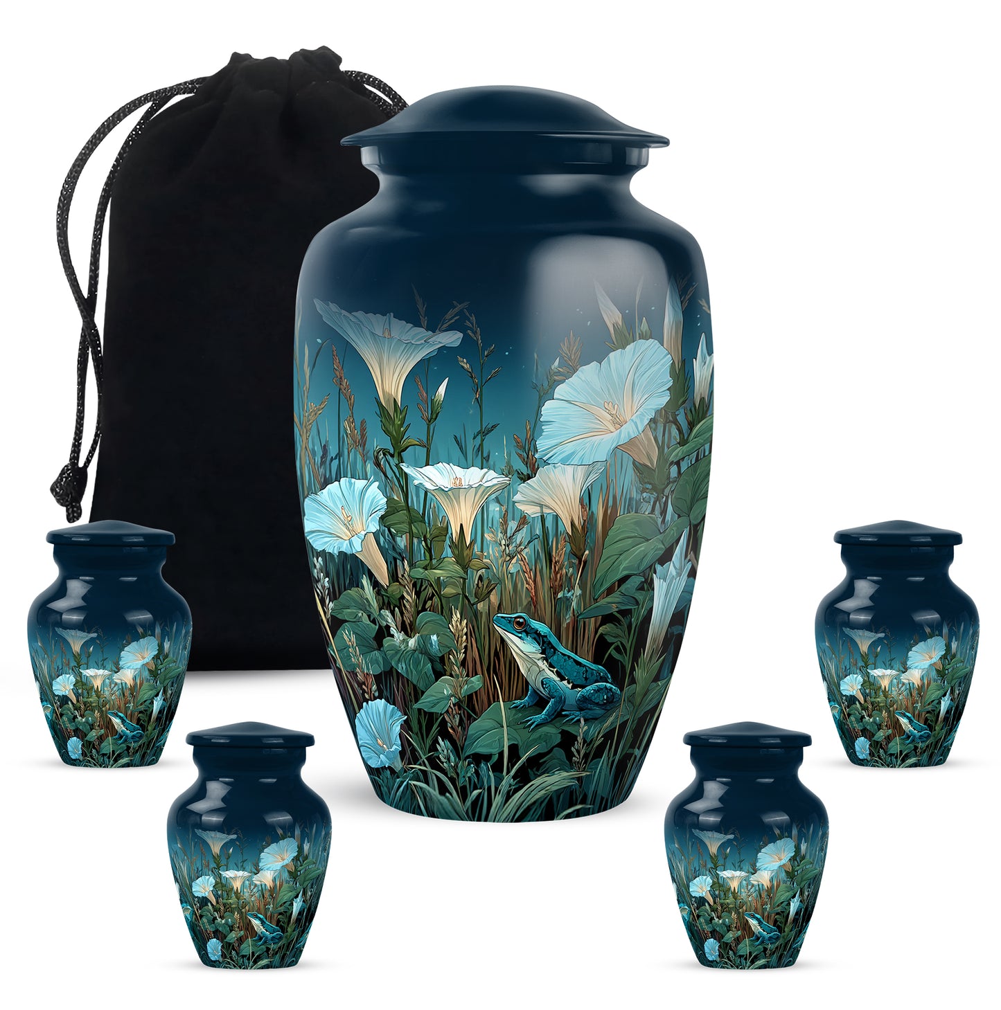 Navy Blue Frog Cremation Urn top-down view of secure threaded lid - classic sculpted frog pattern on smooth aluminum - memorial set with one large and four small urns