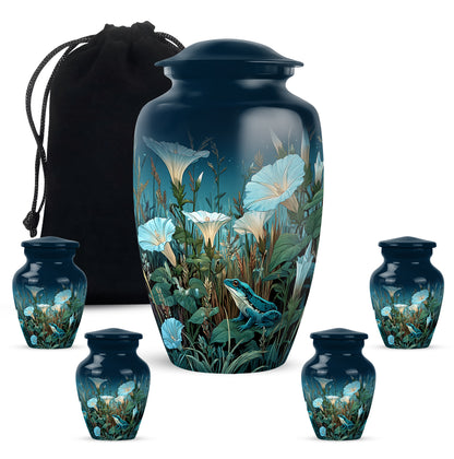Navy Blue Frog Cremation Urn top-down view of secure threaded lid - classic sculpted frog pattern on smooth aluminum - memorial set with one large and four small urns