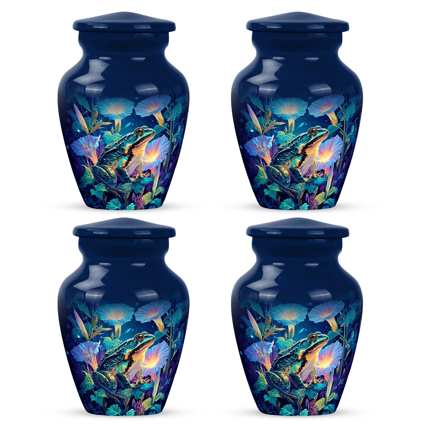 Powder Blue Frog Cremation Urn side profile showing urn shape - classic sculpted frog pattern on smooth aluminum - 10 inch aluminum urn for cremated remains