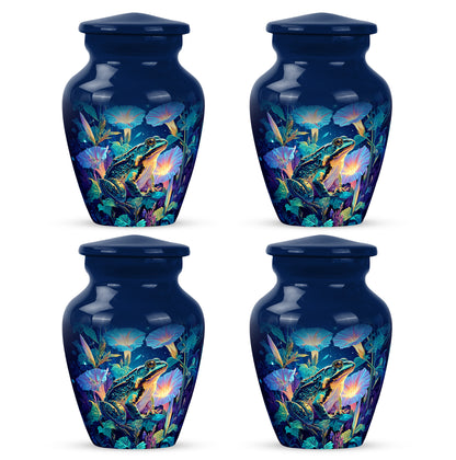 Powder Blue Frog Cremation Urn side profile showing urn shape - classic sculpted frog pattern on smooth aluminum - 10 inch aluminum urn for cremated remains