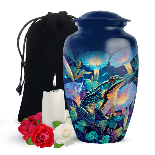 Calming Blue Frog Cremation Urn angled view of lid and engraved motif - elegant classic frog relief with fine detailing - full-size 10 inch 200 cubic inch adult cremation urn