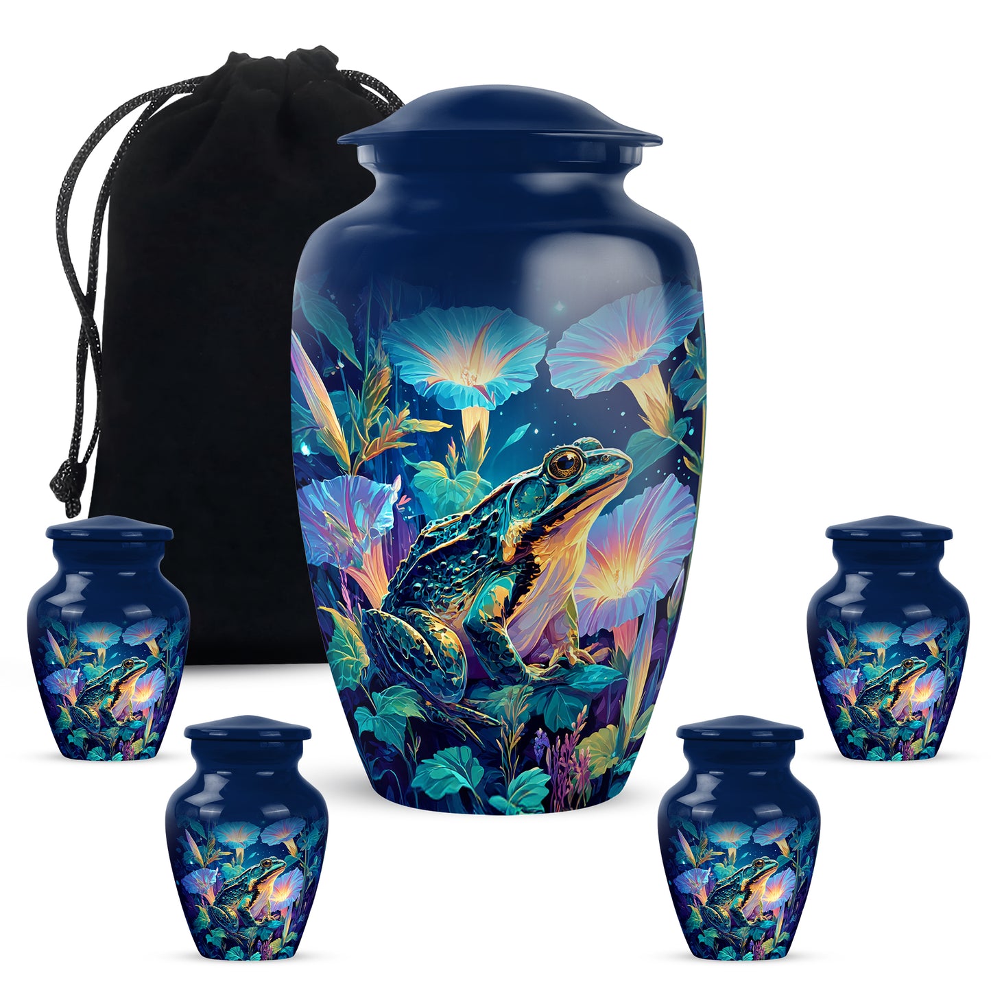 Cornflower Blue Frog Cremation Urn top-down view of secure threaded lid - elegant classic frog relief with fine detailing - memorial set with one large and four small urns