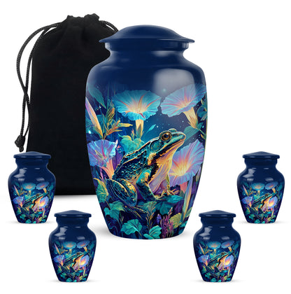 Cornflower Blue Frog Cremation Urn top-down view of secure threaded lid - elegant classic frog relief with fine detailing - memorial set with one large and four small urns