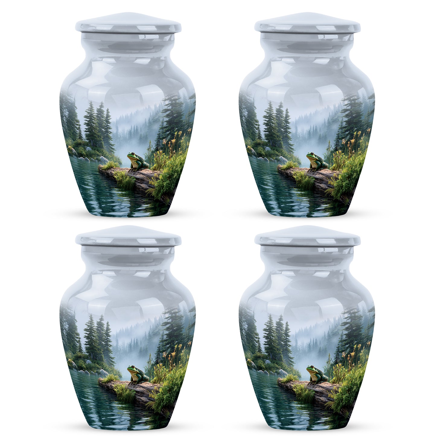 Platinum Silver Frog Cremation Urn side profile showing urn shape - classic sculpted frog pattern on smooth aluminum - 10 inch aluminum urn for cremated remains