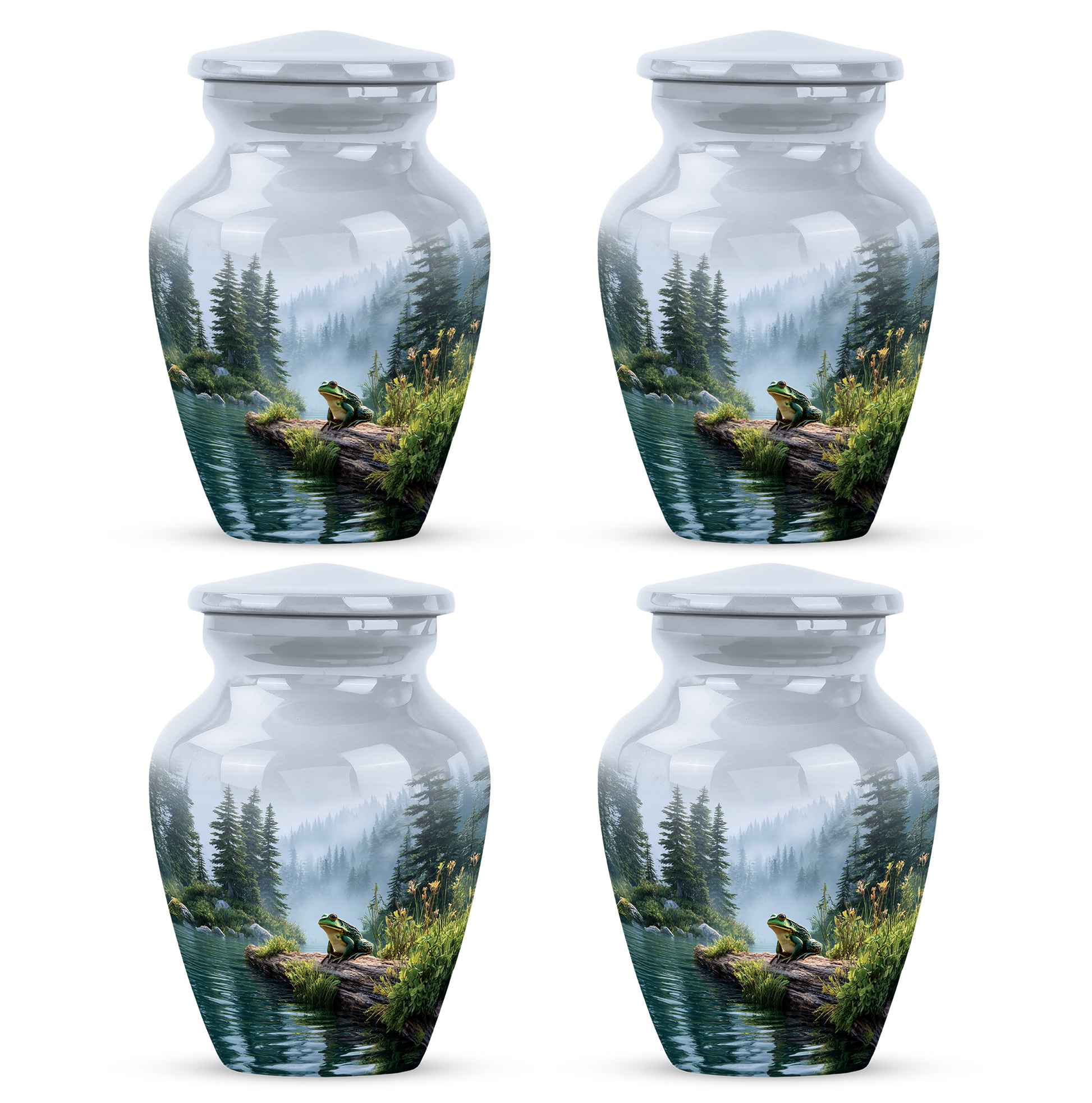 Platinum Silver Frog Cremation Urn side profile showing urn shape - classic sculpted frog pattern on smooth aluminum - 10 inch aluminum urn for cremated remains