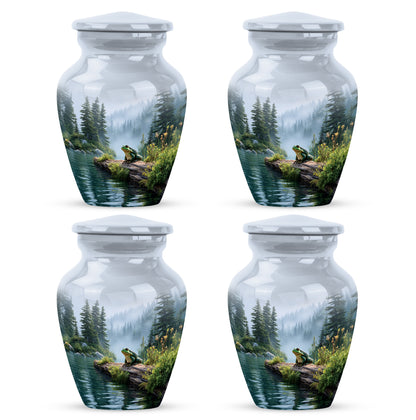 Platinum Silver Frog Cremation Urn side profile showing urn shape - classic sculpted frog pattern on smooth aluminum - 10 inch aluminum urn for cremated remains