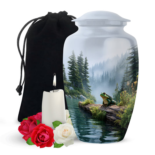 Sterling Silver Frog Cremation Urn angled view of lid and engraved motif - classic sculpted frog pattern on smooth aluminum - full-size 10 inch 200 cubic inch adult cremation urn