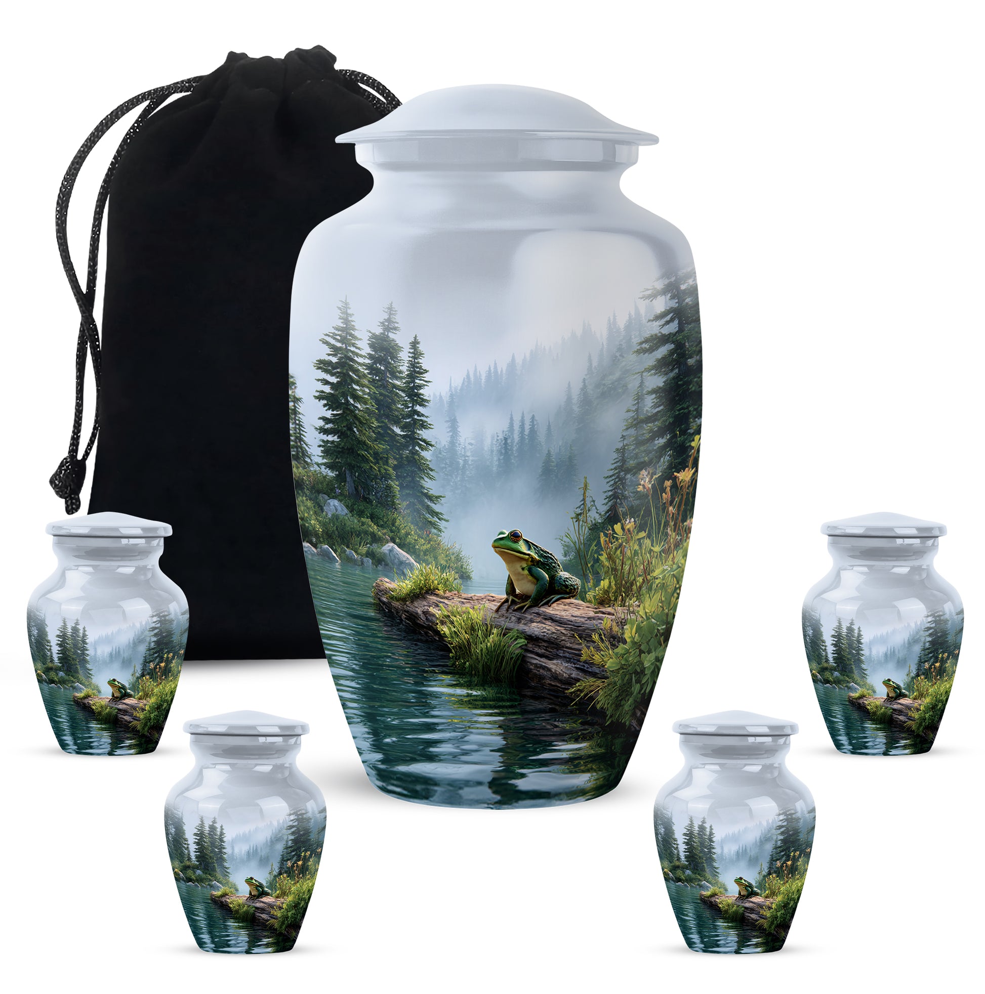Brushed Silver Frog Cremation Urn top-down view of secure threaded lid - timeless frog motif etched into premium metal - memorial set with one large and four small urns