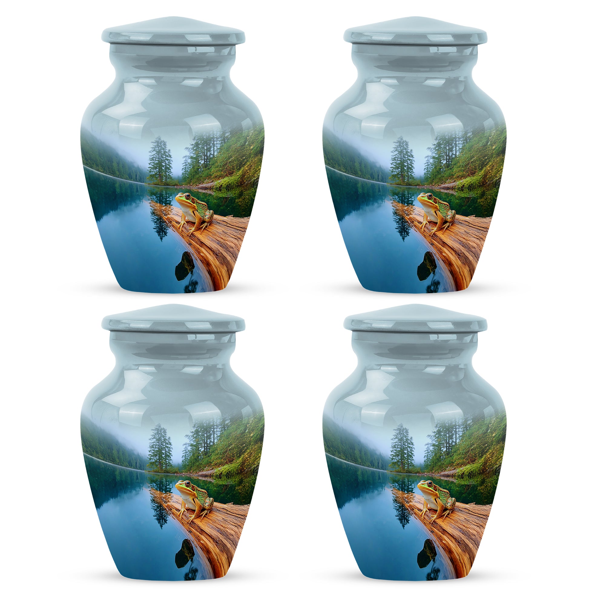 Vivid Blue Frog Cremation Urn side profile showing urn shape - elegant classic frog relief with fine detailing - 10 inch aluminum urn for cremated remains