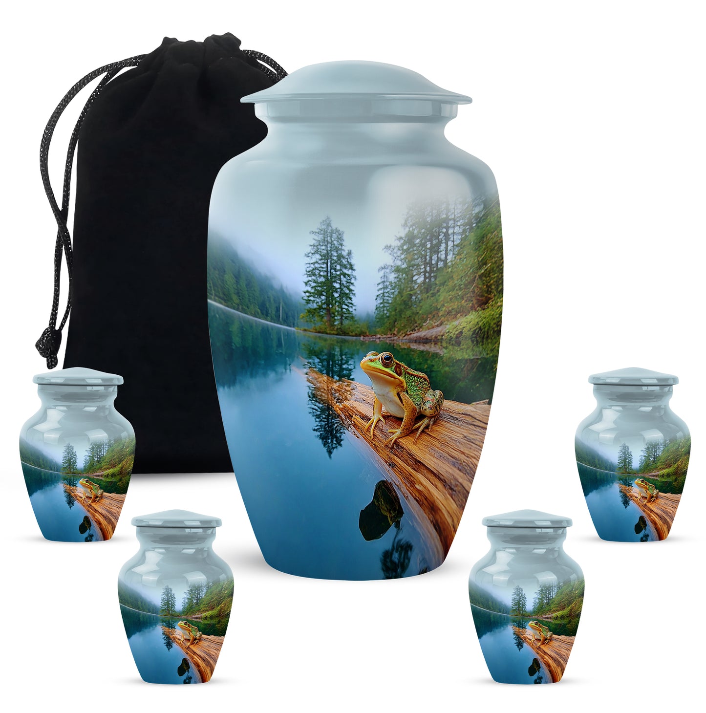 Sapphire Blue Frog Cremation Urn top-down view of secure threaded lid - elegant classic frog relief with fine detailing - memorial set with one large and four small urns