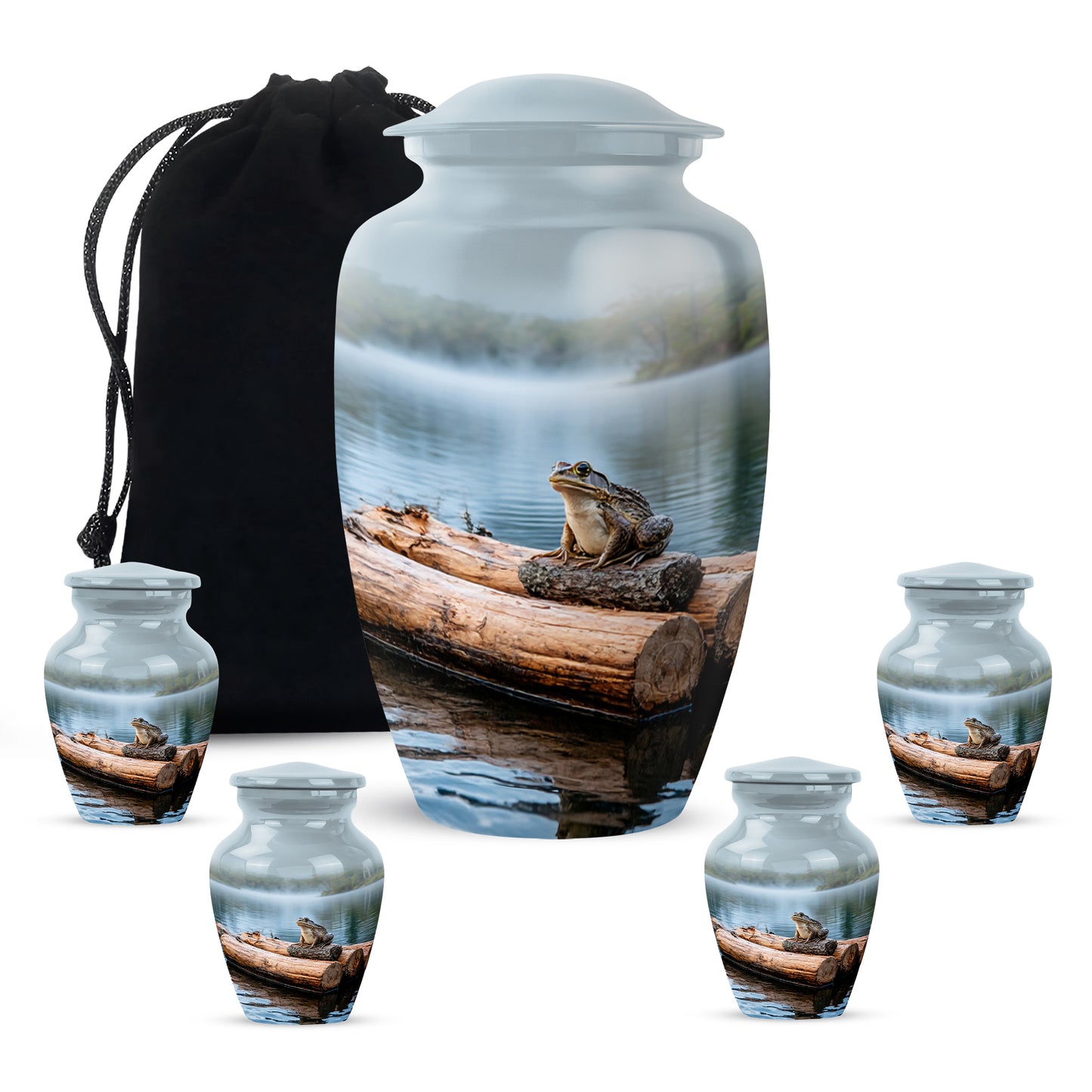 Gleaming Silver Frog Cremation Urn top-down view of secure threaded lid - timeless frog motif etched into premium metal - memorial set with one large and four small urns