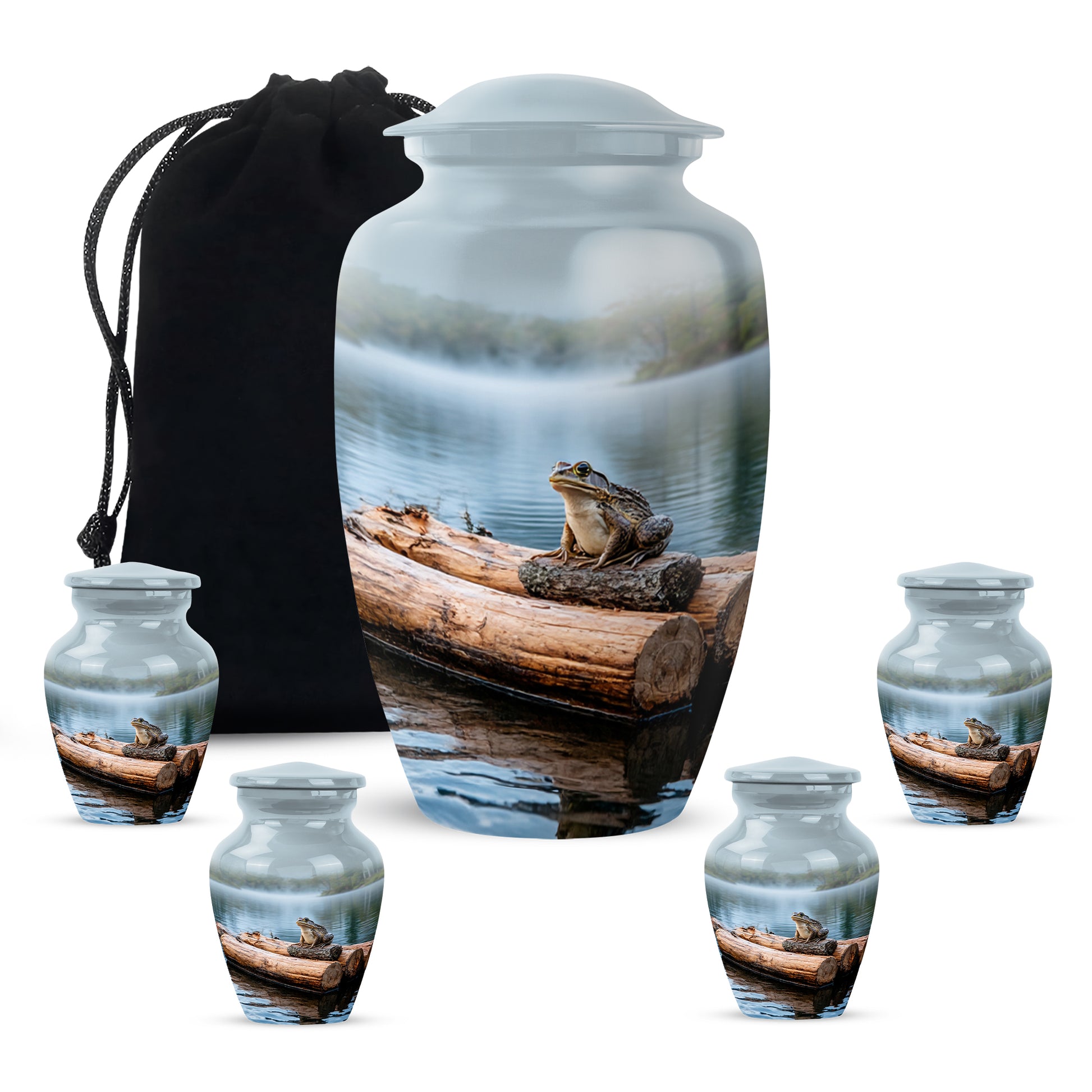 Gleaming Silver Frog Cremation Urn top-down view of secure threaded lid - timeless frog motif etched into premium metal - memorial set with one large and four small urns