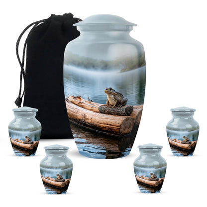 Gleaming Silver Frog Cremation Urn top-down view of secure threaded lid - timeless frog motif etched into premium metal - memorial set with one large and four small urns