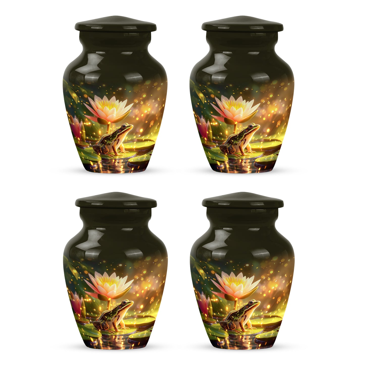 Royal Gold Frog Cremation Urn side profile showing urn shape - elegant classic frog relief with fine detailing - 10 inch aluminum urn for cremated remains
