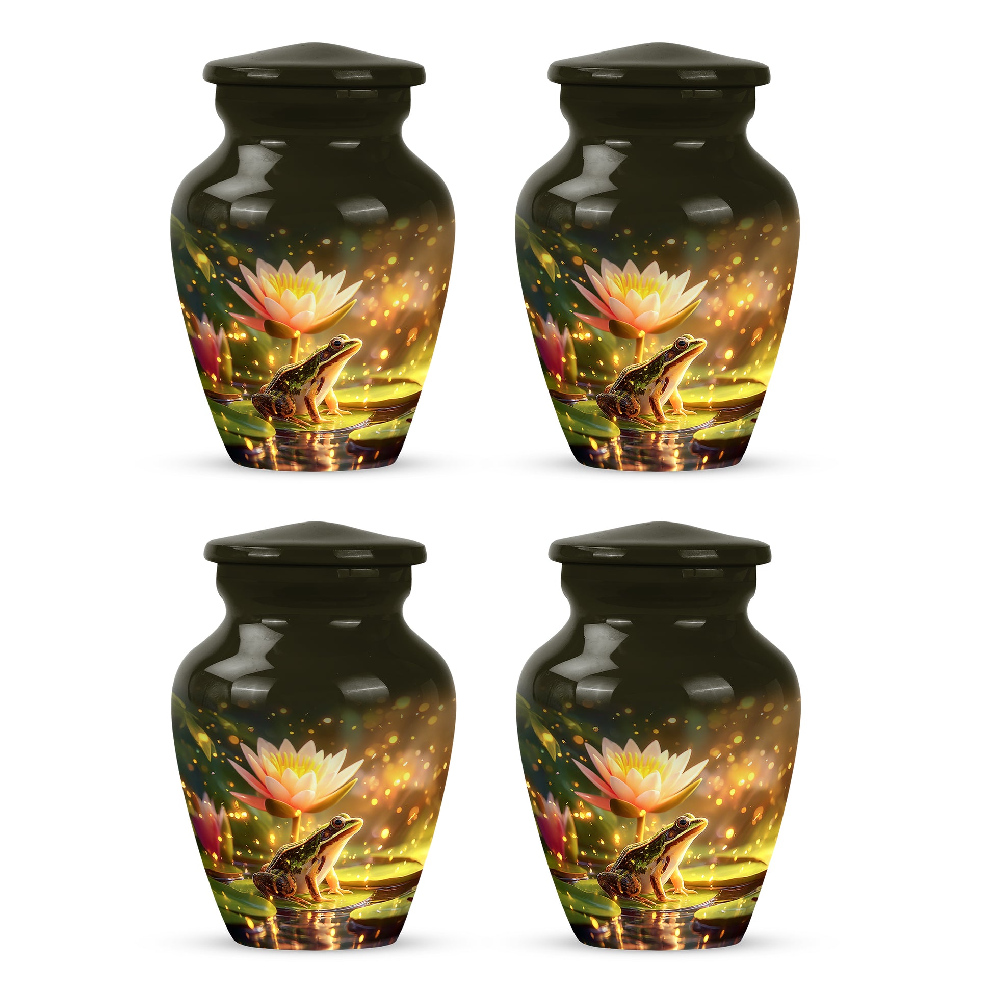 Royal Gold Frog Cremation Urn side profile showing urn shape - elegant classic frog relief with fine detailing - 10 inch aluminum urn for cremated remains