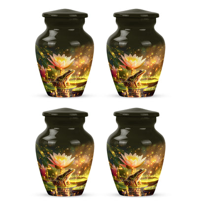Royal Gold Frog Cremation Urn side profile showing urn shape - elegant classic frog relief with fine detailing - 10 inch aluminum urn for cremated remains