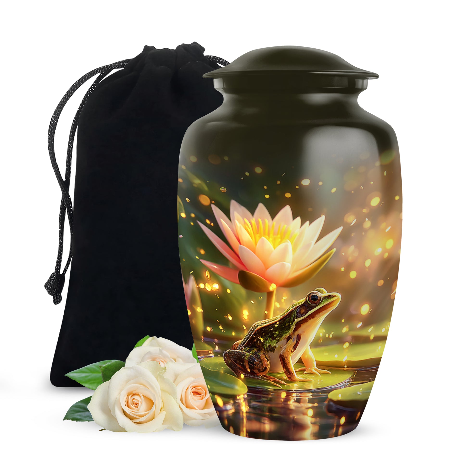 Burnished Gold Frog Cremation Urn angled view of lid and engraved motif - elegant classic frog relief with fine detailing - full-size 10 inch 200 cubic inch adult cremation urn