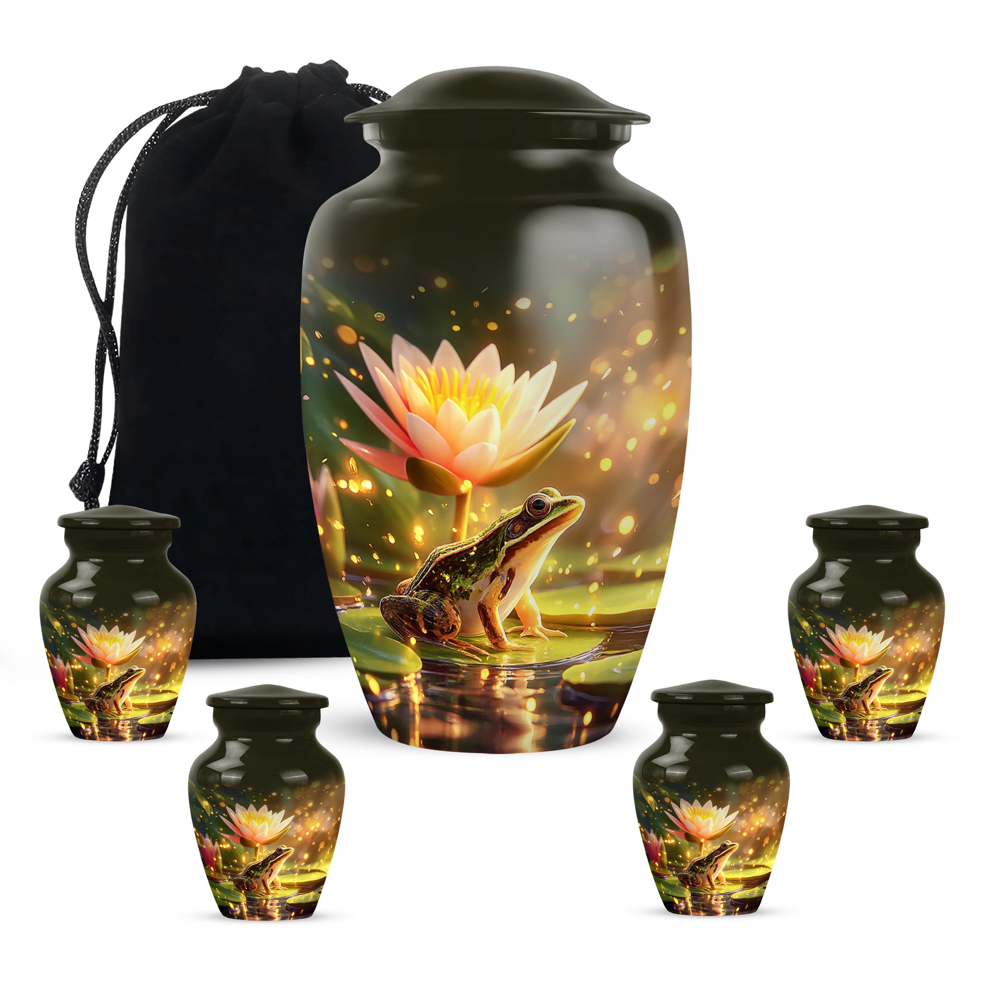 Burnished Gold Frog Cremation Urn top-down view of secure threaded lid - traditional frog engraving with hand-polished finish - memorial set with one large and four small urns
