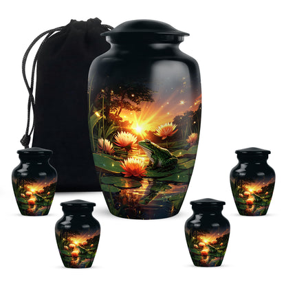 Royal Blue Frog Cremation Urn top-down view of secure threaded lid - traditional frog engraving with hand-polished finish - memorial set with one large and four small urns