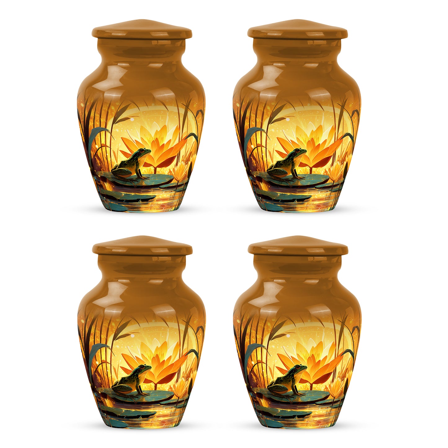 Royal Gold Frog Cremation Urn side profile showing urn shape - elegant classic frog relief with fine detailing - 10 inch aluminum urn for cremated remains
