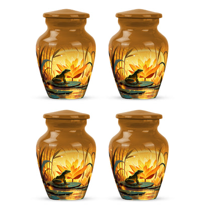 Royal Gold Frog Cremation Urn side profile showing urn shape - elegant classic frog relief with fine detailing - 10 inch aluminum urn for cremated remains