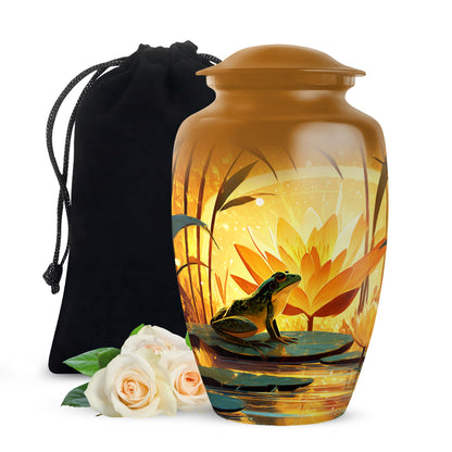 Champagne Gold Frog Cremation Urn angled view of lid and engraved motif - timeless frog motif etched into premium metal - full-size 10 inch 200 cubic inch adult cremation urn