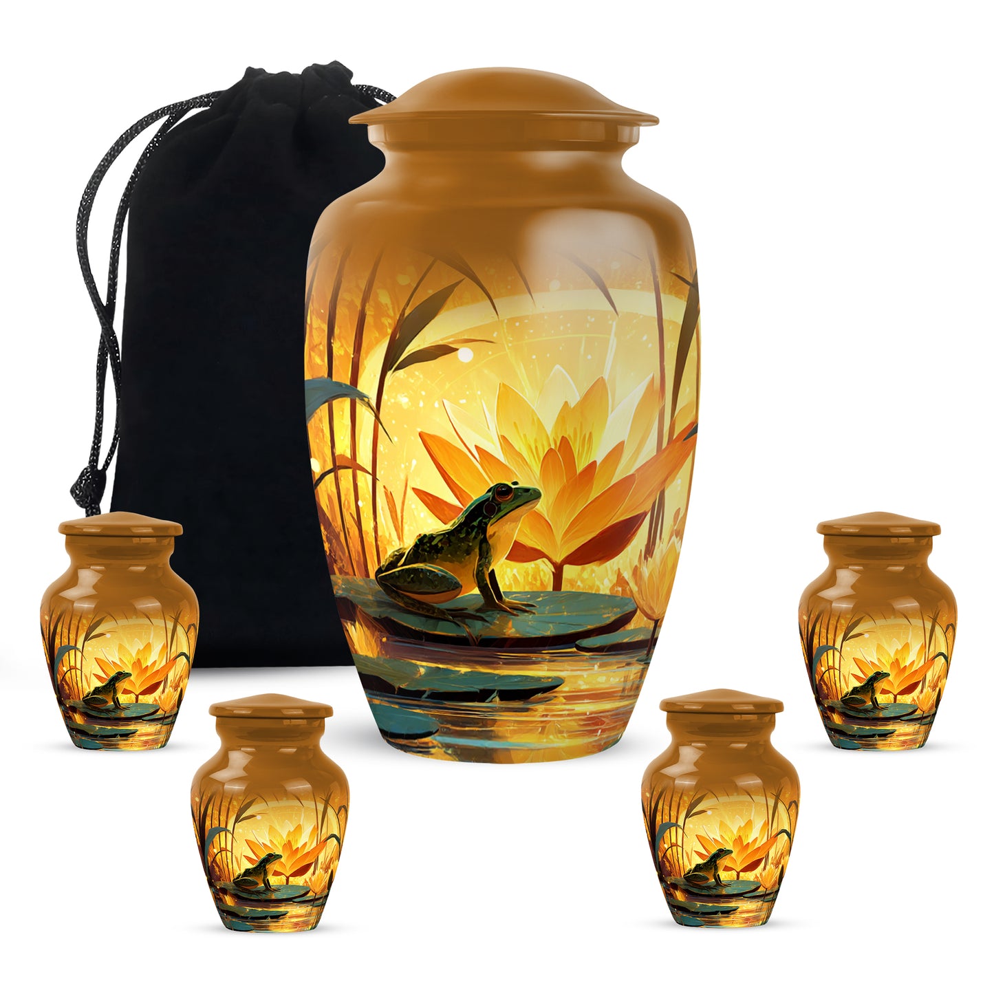 Antique Gold Frog Cremation Urn top-down view of secure threaded lid - classic sculpted frog pattern on smooth aluminum - memorial set with one large and four small urns