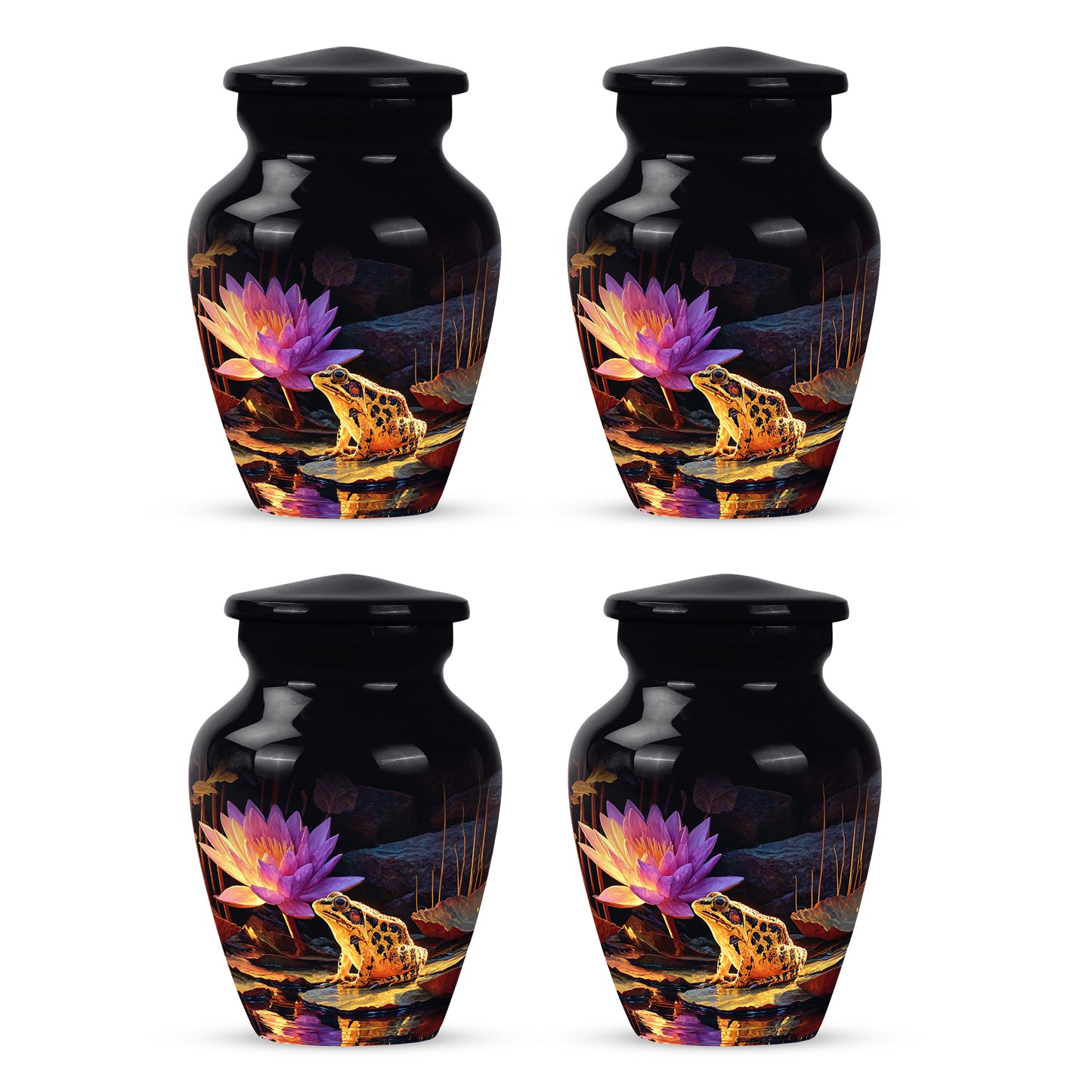 Charcoal Black Frog Cremation Urn side profile showing urn shape - traditional frog engraving with hand-polished finish - 10 inch aluminum urn for cremated remains