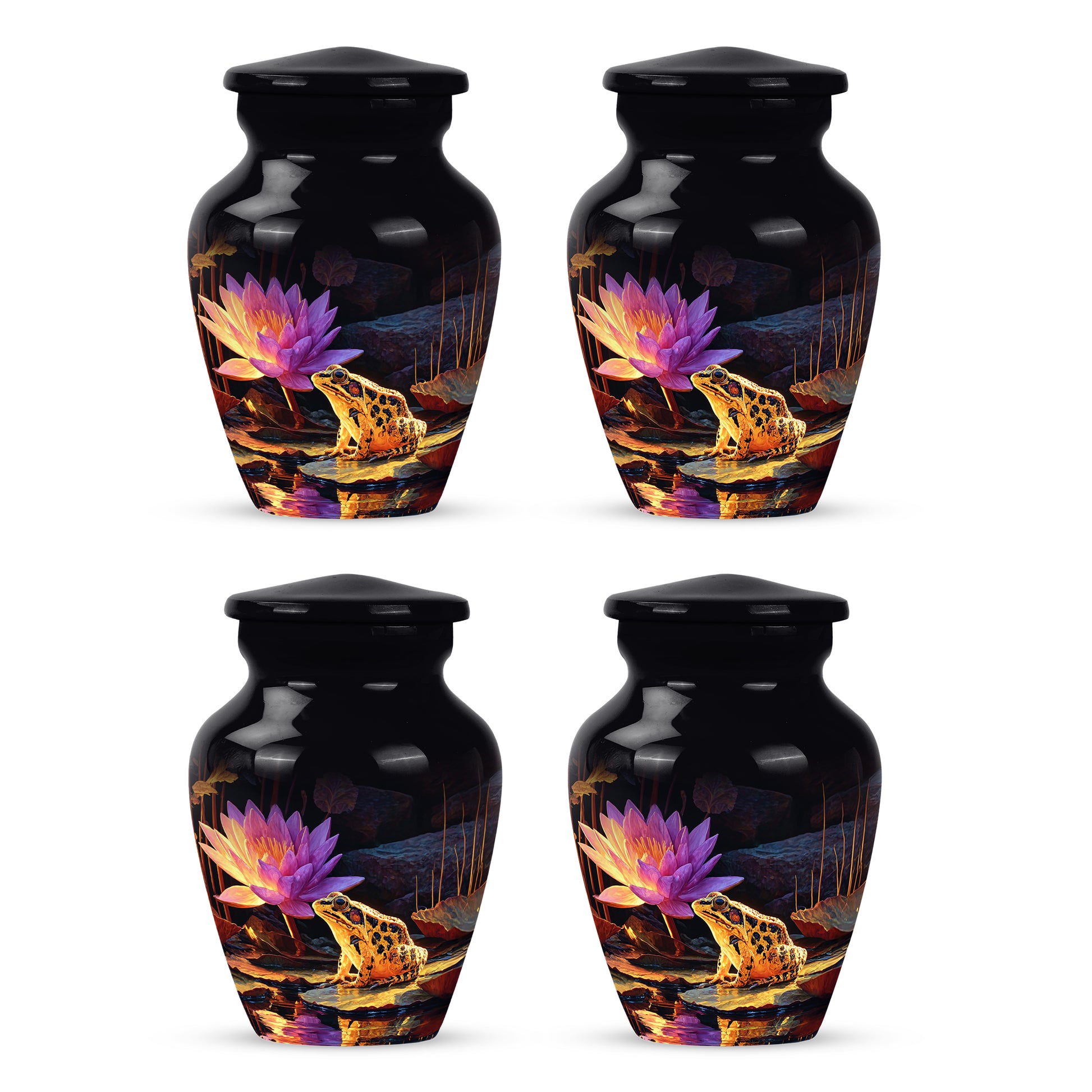 Charcoal Black Frog Cremation Urn side profile showing urn shape - traditional frog engraving with hand-polished finish - 10 inch aluminum urn for cremated remains