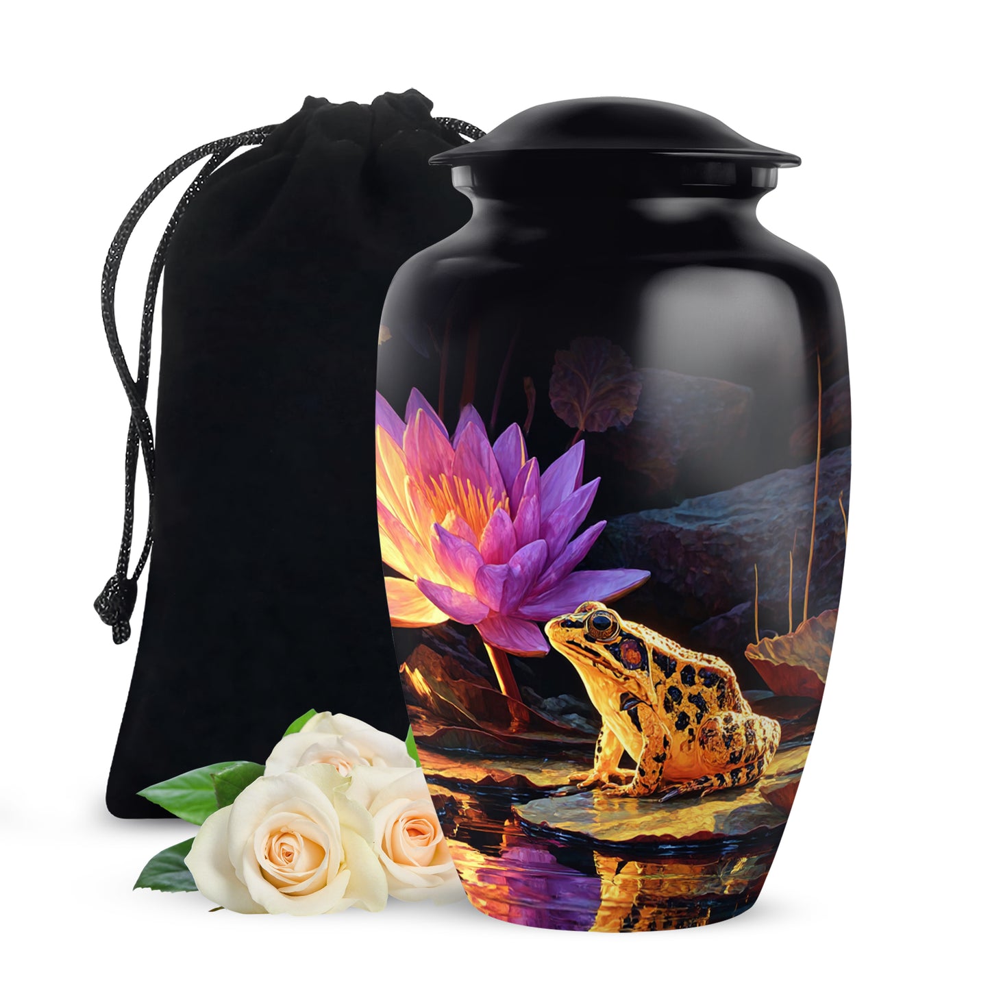 Jet Black Frog Cremation Urn angled view of lid and engraved motif - classic sculpted frog pattern on smooth aluminum - full-size 10 inch 200 cubic inch adult cremation urn