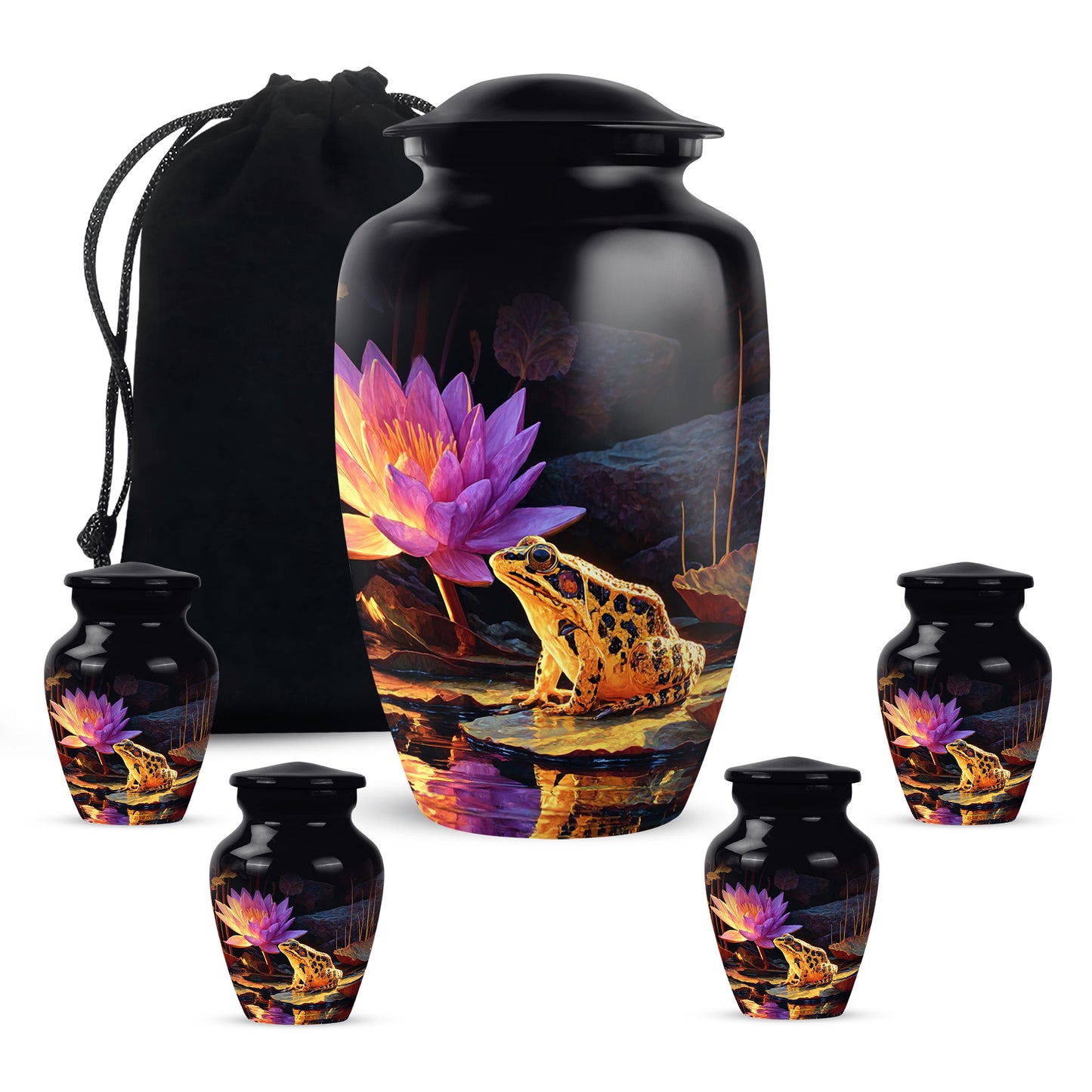 Rich Black Frog Cremation Urn top-down view of secure threaded lid - classic sculpted frog pattern on smooth aluminum - memorial set with one large and four small urns