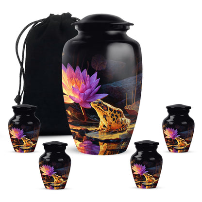 Rich Black Frog Cremation Urn top-down view of secure threaded lid - classic sculpted frog pattern on smooth aluminum - memorial set with one large and four small urns