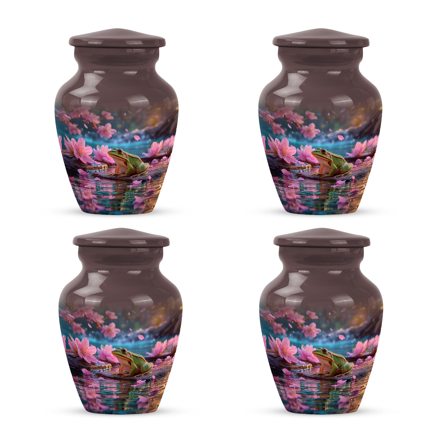 Rich Red Frog Cremation Urn side profile showing urn shape - elegant classic frog relief with fine detailing - 10 inch aluminum urn for cremated remains