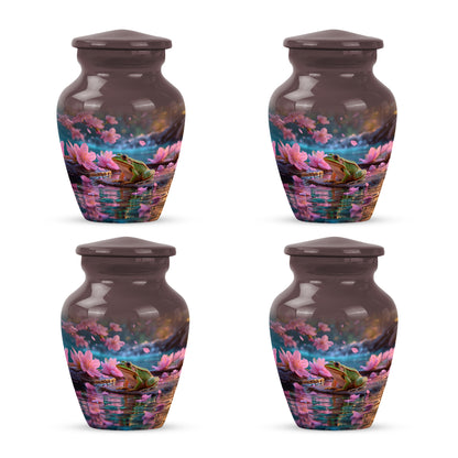Rich Red Frog Cremation Urn side profile showing urn shape - elegant classic frog relief with fine detailing - 10 inch aluminum urn for cremated remains