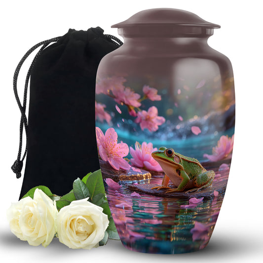 Garnet Red Frog Cremation Urn angled view of lid and engraved motif - classic sculpted frog pattern on smooth aluminum - full-size 10 inch 200 cubic inch adult cremation urn