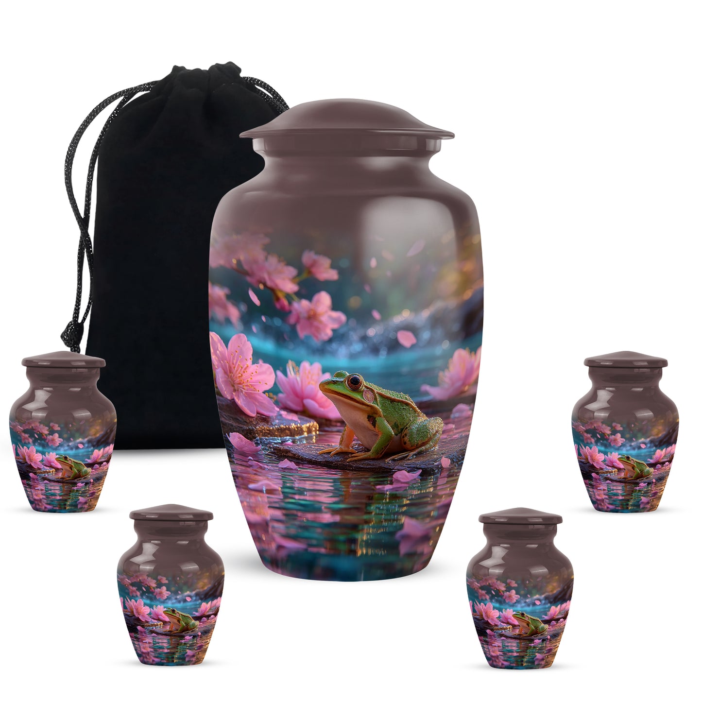 Burgundy Red Frog Cremation Urn top-down view of secure threaded lid - timeless frog motif etched into premium metal - memorial set with one large and four small urns