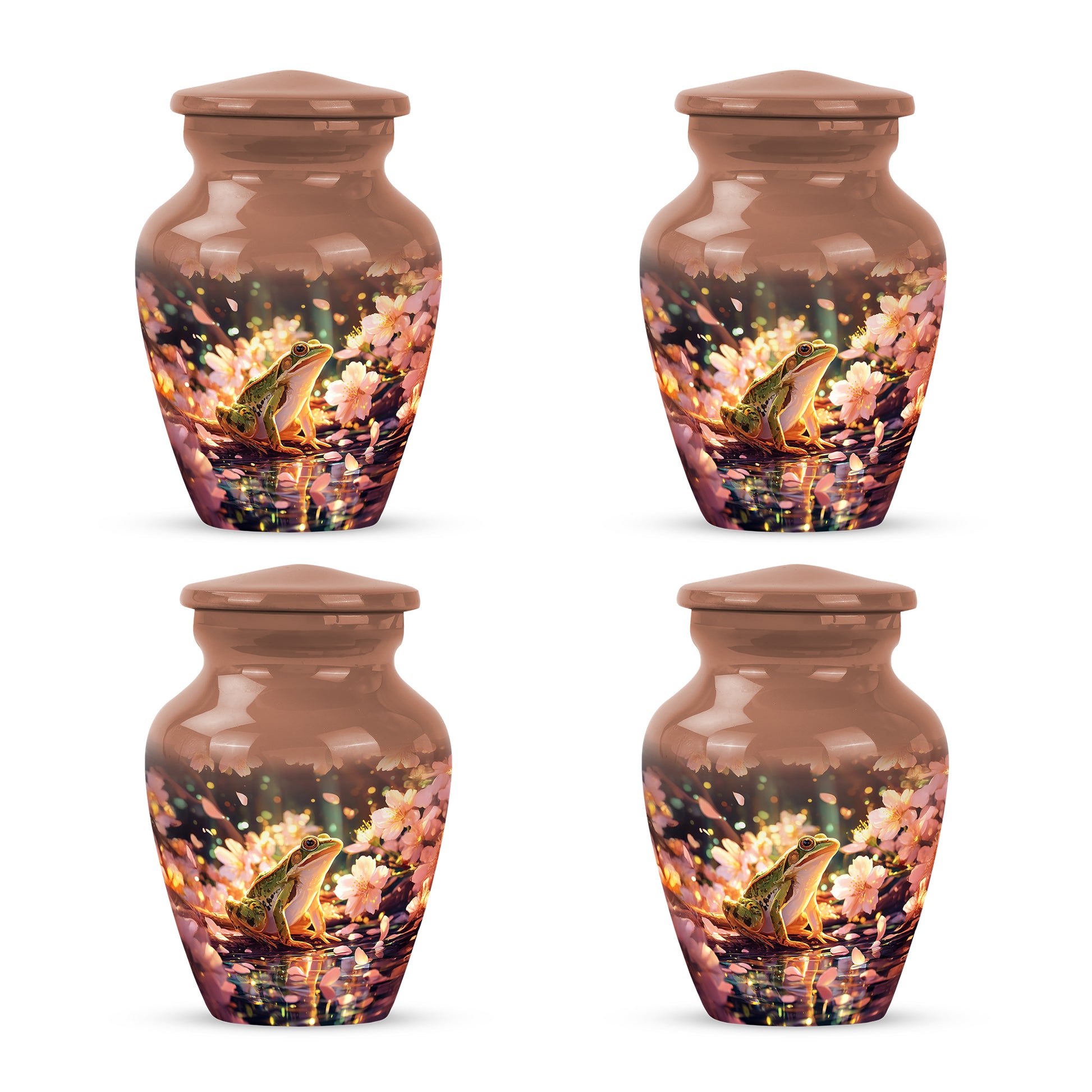 Burnished Gold Frog Cremation Urn side profile showing urn shape - traditional frog engraving with hand-polished finish - 10 inch aluminum urn for cremated remains