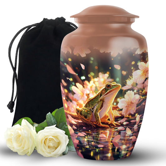 Champagne Gold Frog Cremation Urn angled view of lid and engraved motif - timeless frog motif etched into premium metal - full-size 10 inch 200 cubic inch adult cremation urn