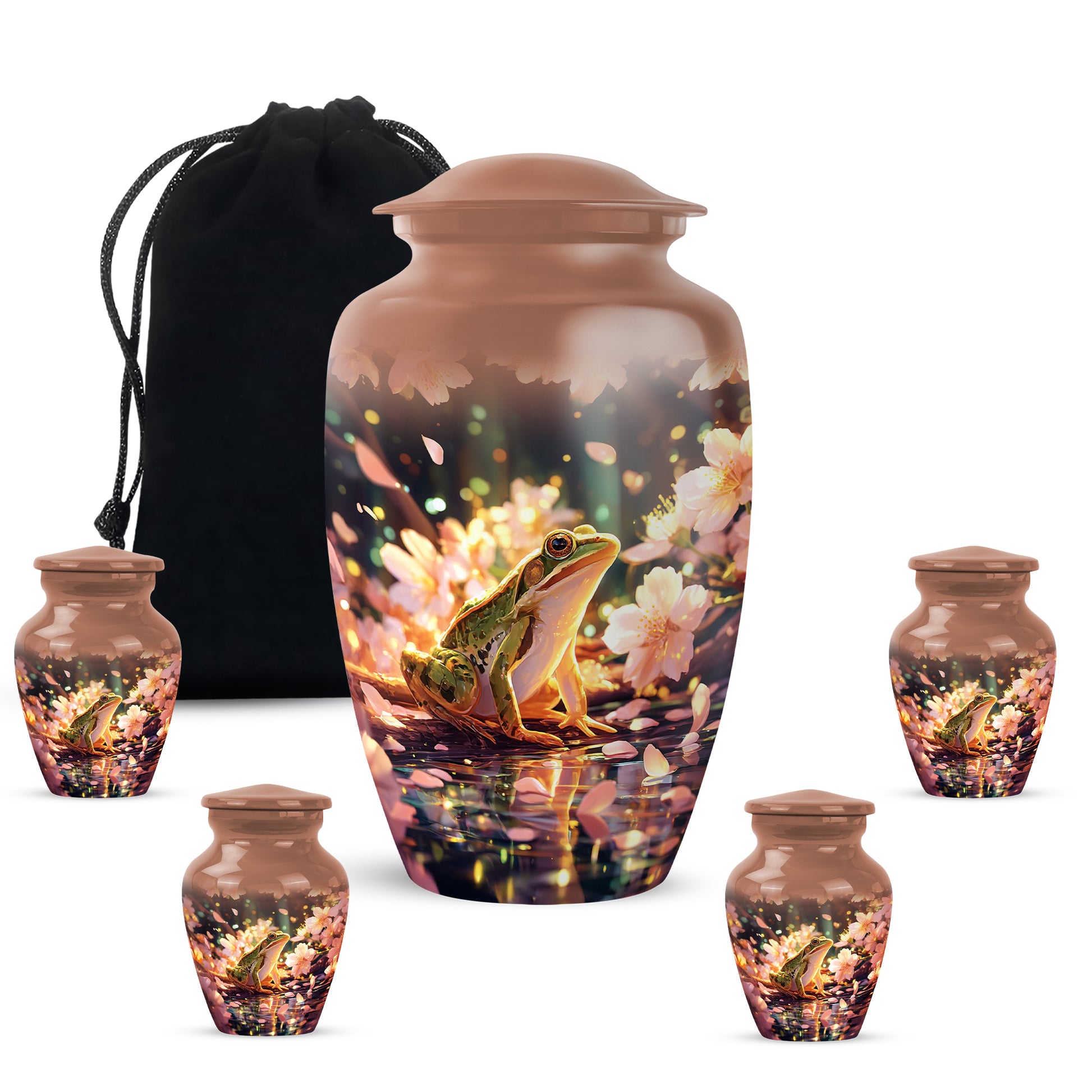 Amber Gold Frog Cremation Urn top-down view of secure threaded lid - timeless frog motif etched into premium metal - memorial set with one large and four small urns