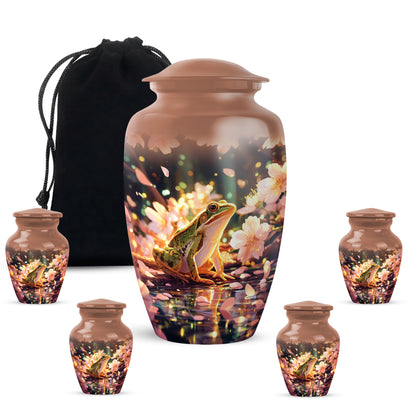 Amber Gold Frog Cremation Urn top-down view of secure threaded lid - timeless frog motif etched into premium metal - memorial set with one large and four small urns