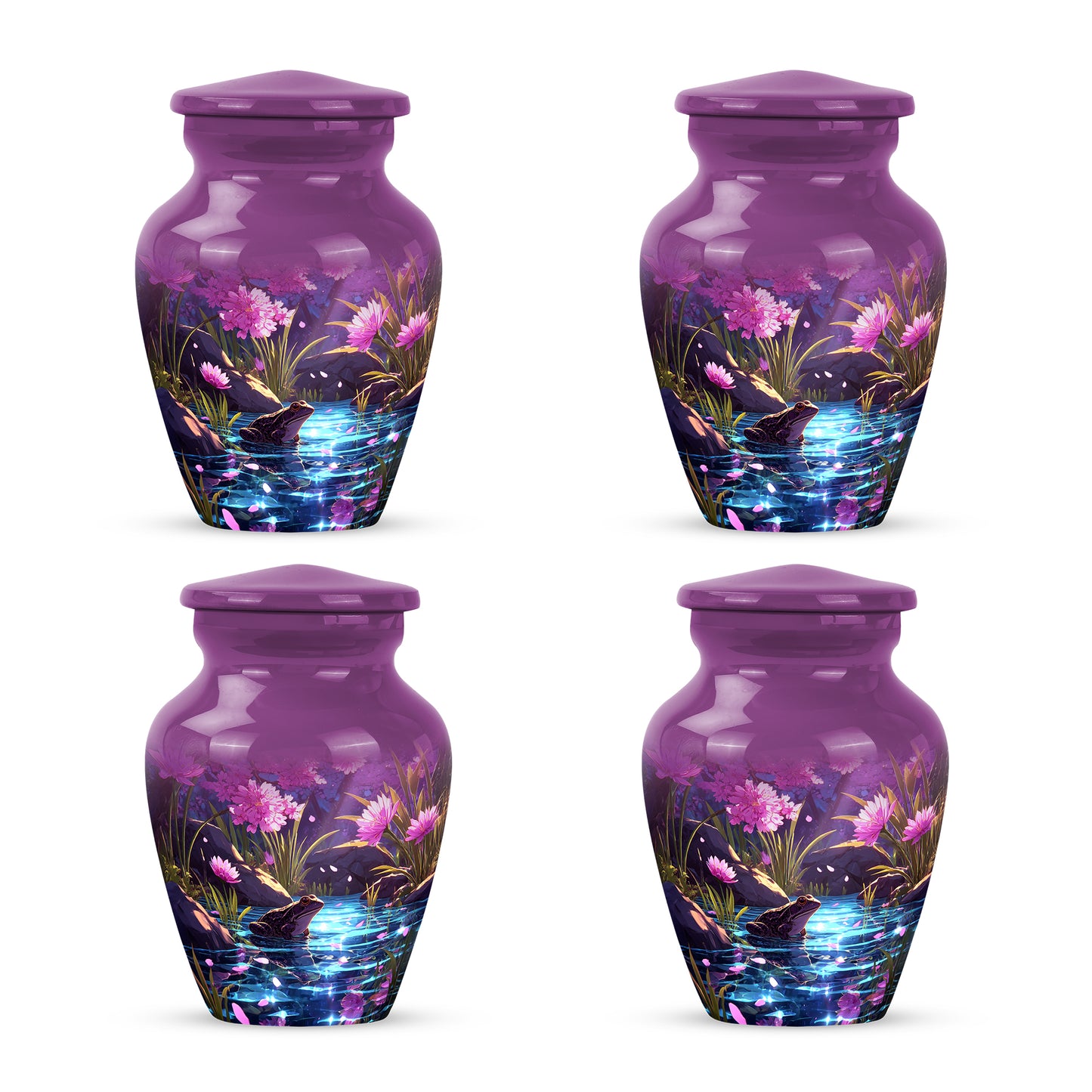 Pastel Pink Frog Cremation Urn side profile showing urn shape - timeless frog motif etched into premium metal - 10 inch aluminum urn for cremated remains