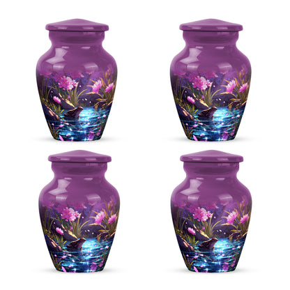 Pastel Pink Frog Cremation Urn side profile showing urn shape - timeless frog motif etched into premium metal - 10 inch aluminum urn for cremated remains