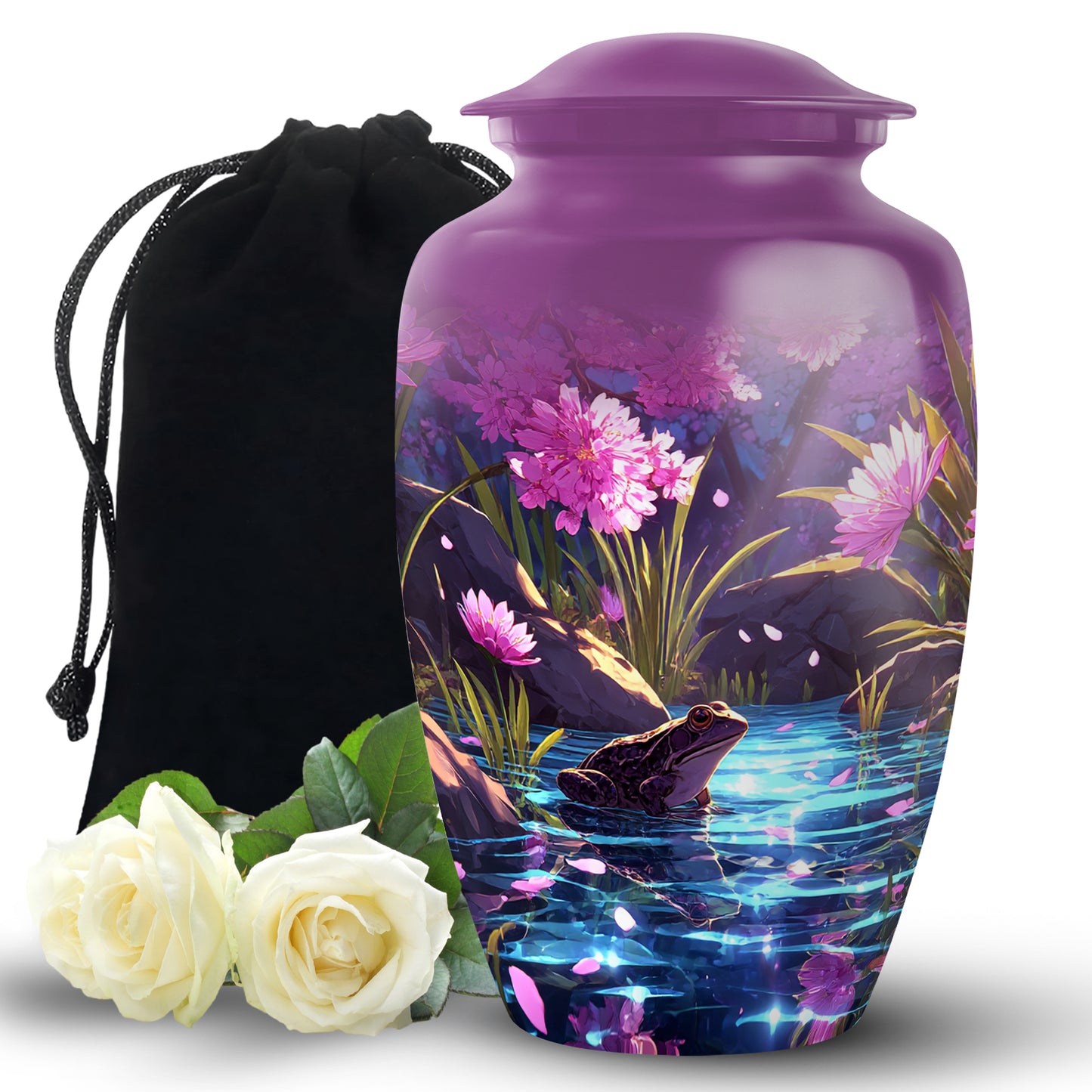 Petal Pink Frog Cremation Urn angled view of lid and engraved motif - elegant classic frog relief with fine detailing - full-size 10 inch 200 cubic inch adult cremation urn