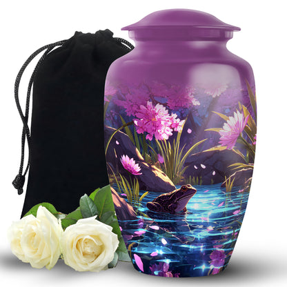 Petal Pink Frog Cremation Urn angled view of lid and engraved motif - elegant classic frog relief with fine detailing - full-size 10 inch 200 cubic inch adult cremation urn