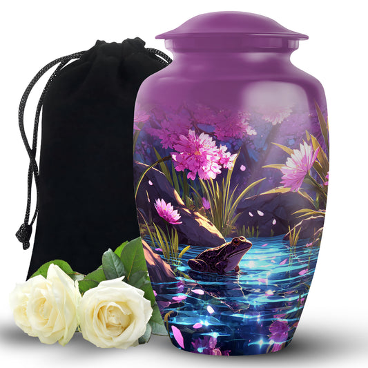 Petal Pink Frog Cremation Urn angled view of lid and engraved motif - elegant classic frog relief with fine detailing - full-size 10 inch 200 cubic inch adult cremation urn