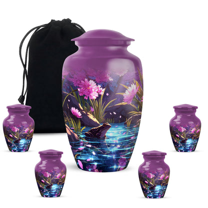Peony Pink Frog Cremation Urn top-down view of secure threaded lid - timeless frog motif etched into premium metal - memorial set with one large and four small urns