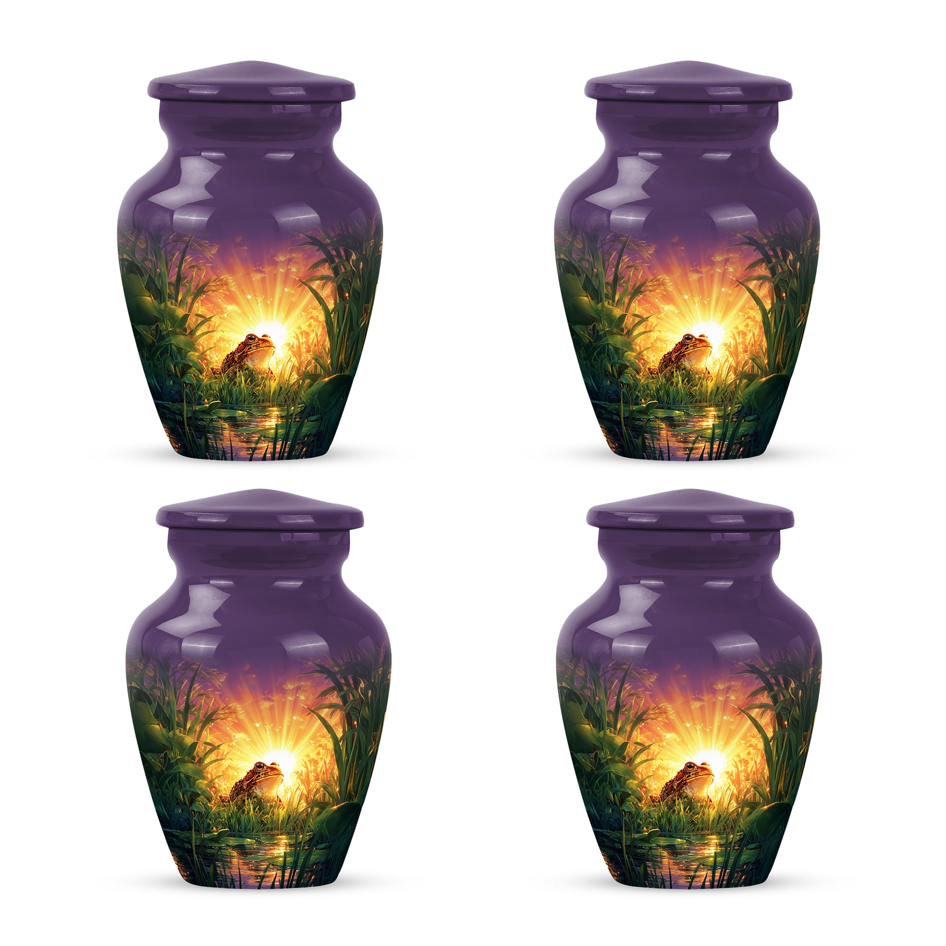 Lavender Purple Frog Cremation Urn side profile showing urn shape - traditional frog engraving with hand-polished finish - 10 inch aluminum urn for cremated remains